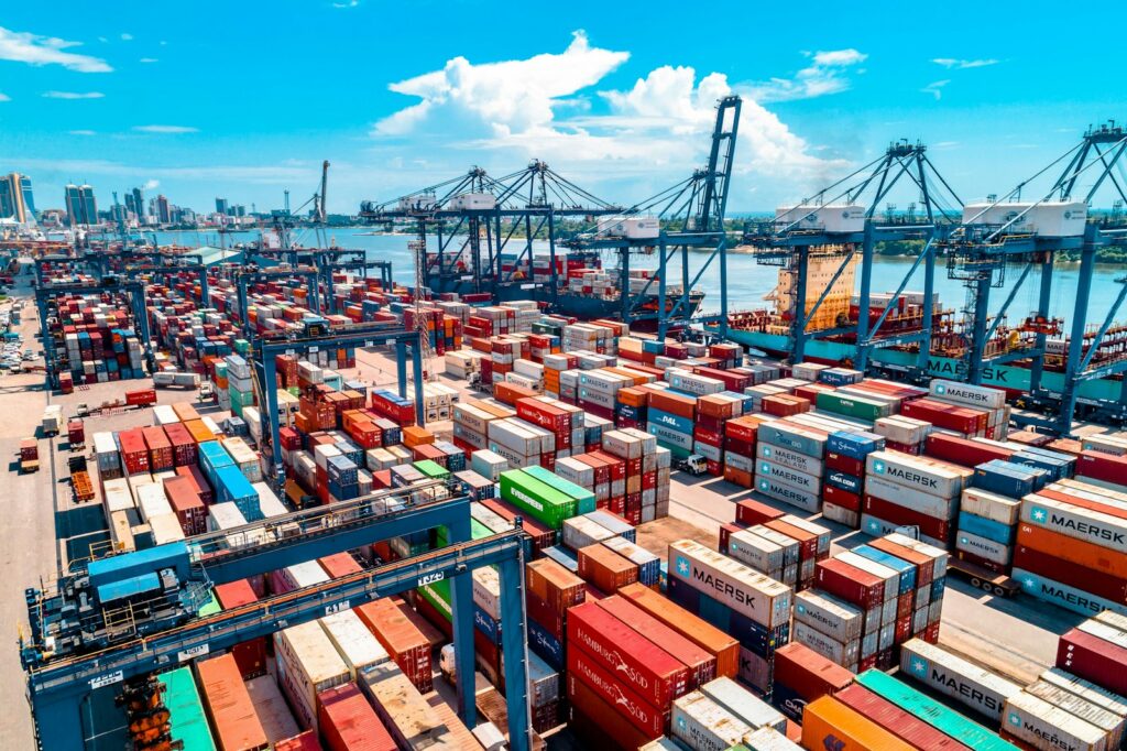 Aerial view of a container terminal at a shipping port