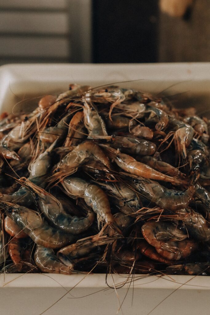 Raw white shrimp in a market tray, showing natural texture and color